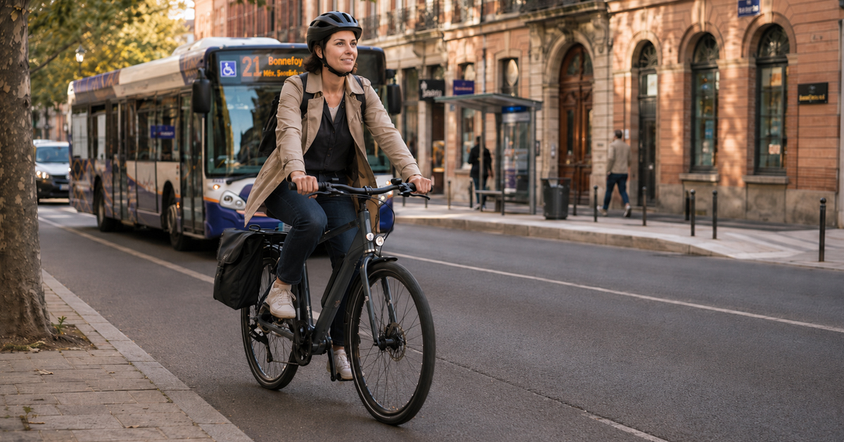 Femme circulant à vélo dans une rue toulousaine, avec un bus Tisséo en arrière-plan.